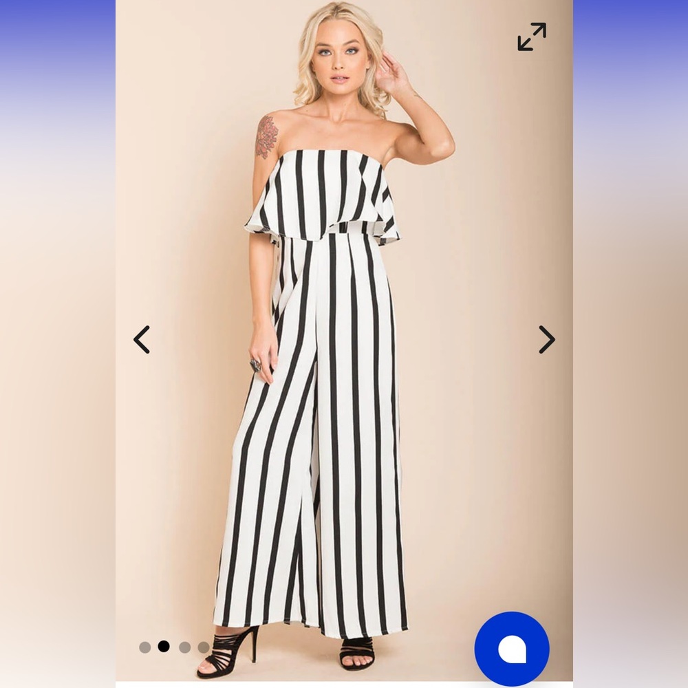 Selfie Leslie Summer Vacation Black and White Strapless Striped Jumpsuit